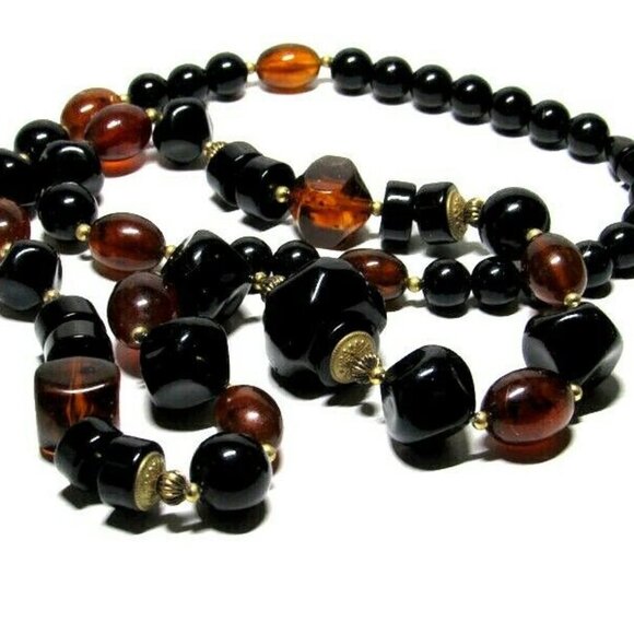 Vintage Plastic Resin Bead Necklace Brown Metal Brass - Picture 2 of 6